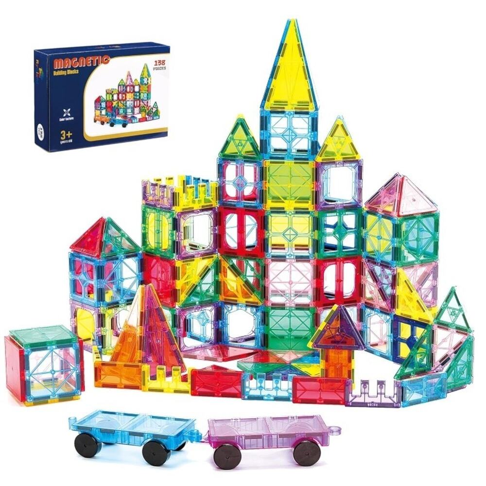 Magnetic Building Tiles 130 Pcs Clear 3D Construction STEM Toy Kids Cars Set